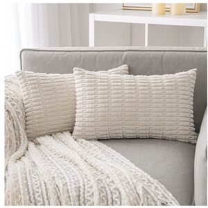 Elegant Striped Corduroy Cream LUMBAR Accent Pillow Covers 20x12” (2-pack)